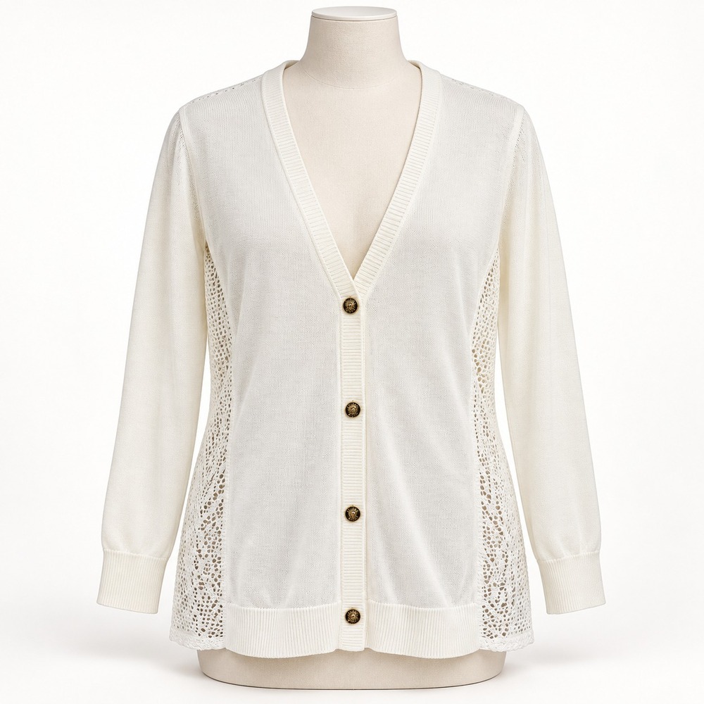 Pappagallo Women's Cardigan XL Natural White Lace Back Gold Buttons NWT